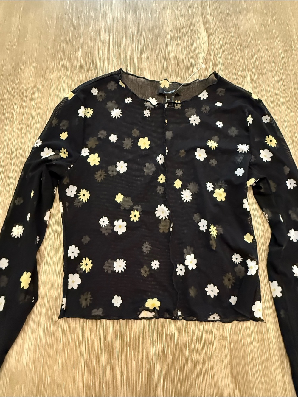 Forever 21 Black Sheer Floral Mesh Top with White and Yellow Daisies